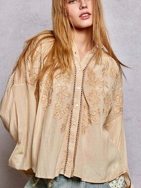 ♥️Hello Gorgeous! POL Embroidery Button Down Long Sleeve Washed Shirt - Almond